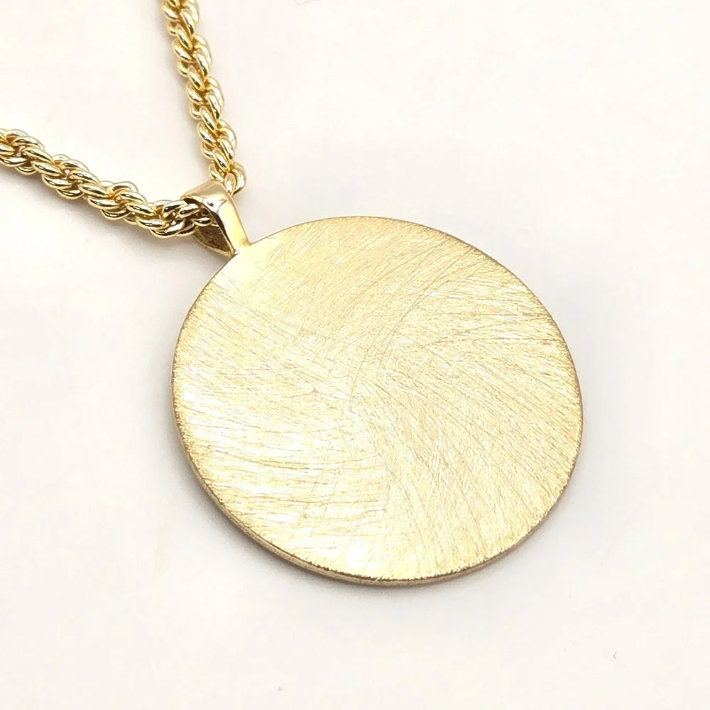 Gold Tone Pendant Necklace‎ Rope Chain Brushed Textured Disc Adjustable 24